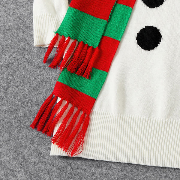 Christmas Family Matching Snowman Graphic White Knitted Belted Dresses and Tops Sets - 20500072