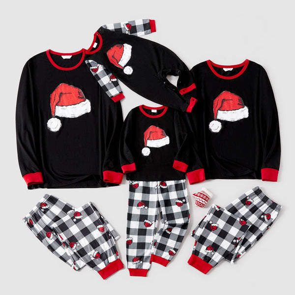 Christmas Family Matching Xmas Hat Print Black Long-sleeve Plaid Pajamas Sets (Flame Resistant) - 20516381