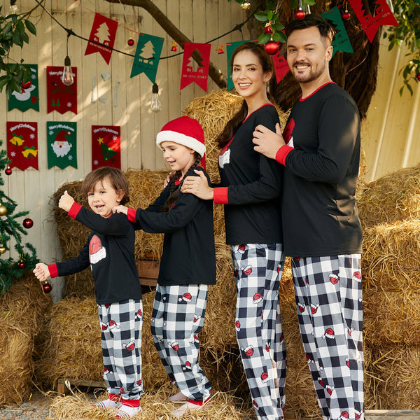 Christmas Family Matching Xmas Hat Print Black Long-sleeve Plaid Pajamas Sets (Flame Resistant) - 20516381