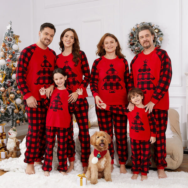 Christmas Family Matching Xmas Tree Embroidered Red Plaid Raglan-sleeve Thickened Polar Fleece Pajamas Sets (Flame Resistant) - 20511717