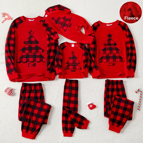 Christmas Family Matching Xmas Tree Embroidered Red Plaid Raglan-sleeve Thickened Polar Fleece Pajamas Sets (Flame Resistant) - 20511717