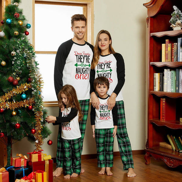 Christmas Letter Contrast Top and Plaid Pants Family Matching Pajamas Sets (Flame Resistant) - 19657131
