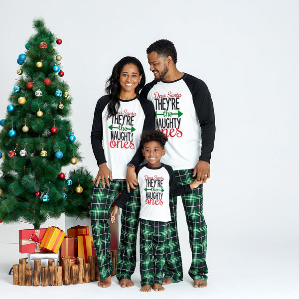 Christmas Letter Contrast Top and Plaid Pants Family Matching Pajamas Sets (Flame Resistant) - 19657131