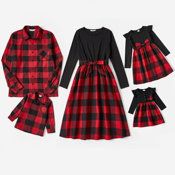 Christmas Red Plaid Splicing Black Long-sleeve Dresses and Shirts Sets - 20139304