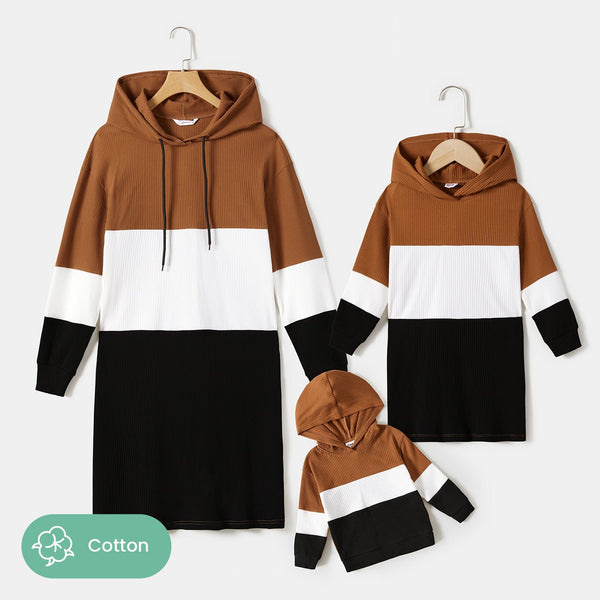 Colorblock Long-sleeve Drawstring Hoodie Knitted Dress for Mom and Me - 20701182