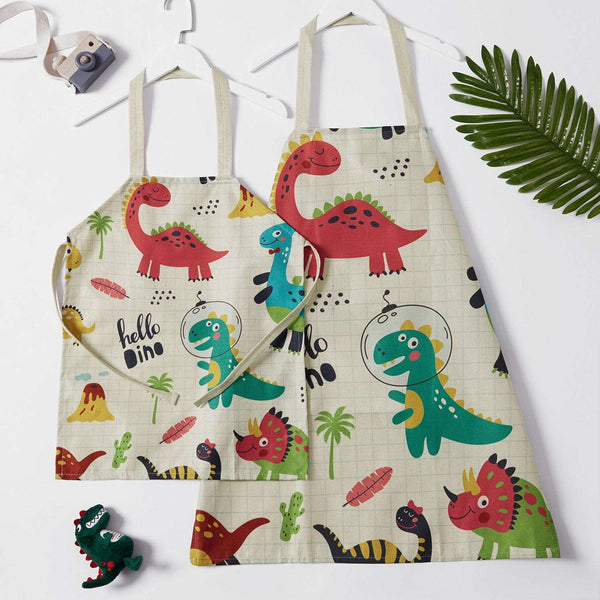Cute Dinosaur Print Linen Aprons for Mommy and Me - 19641410