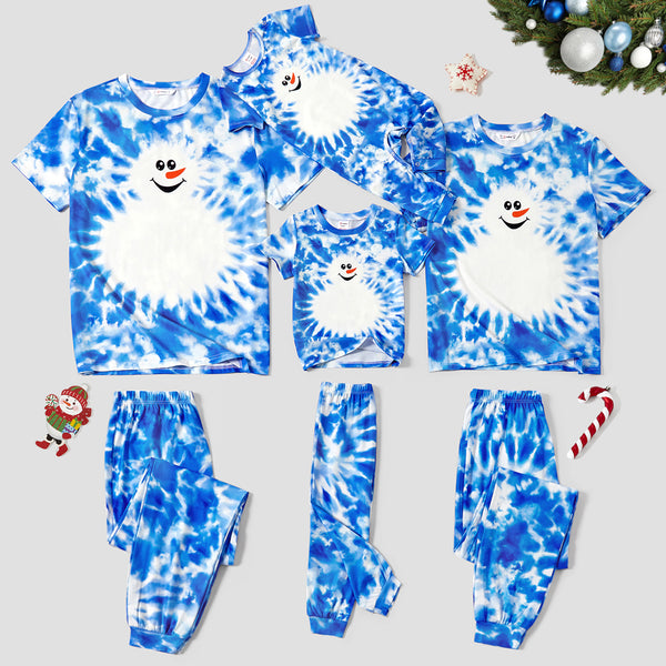 Christmas Family Matching Snowman Print Tie-dye Short-sleeve Pajamas Sets