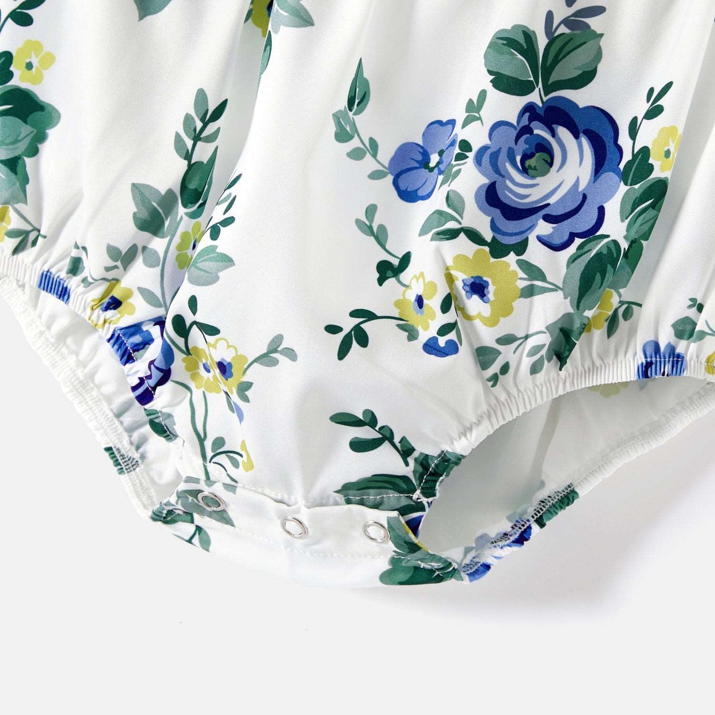 Family Matching 100% Cotton Blue Short-sleeve Shirts and Floral Print Ruffle Trim Spliced Cami Dresses Sets - 20584308