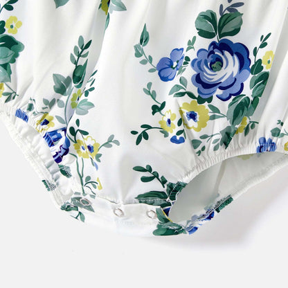 Family Matching 100% Cotton Blue Short-sleeve Shirts and Floral Print Ruffle Trim Spliced Cami Dresses Sets - 20584308