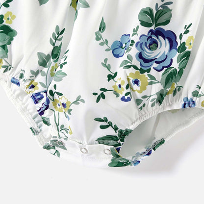 Family Matching 100% Cotton Blue Short-sleeve Shirts and Floral Print Ruffle Trim Spliced Cami Dresses Sets - 20584308