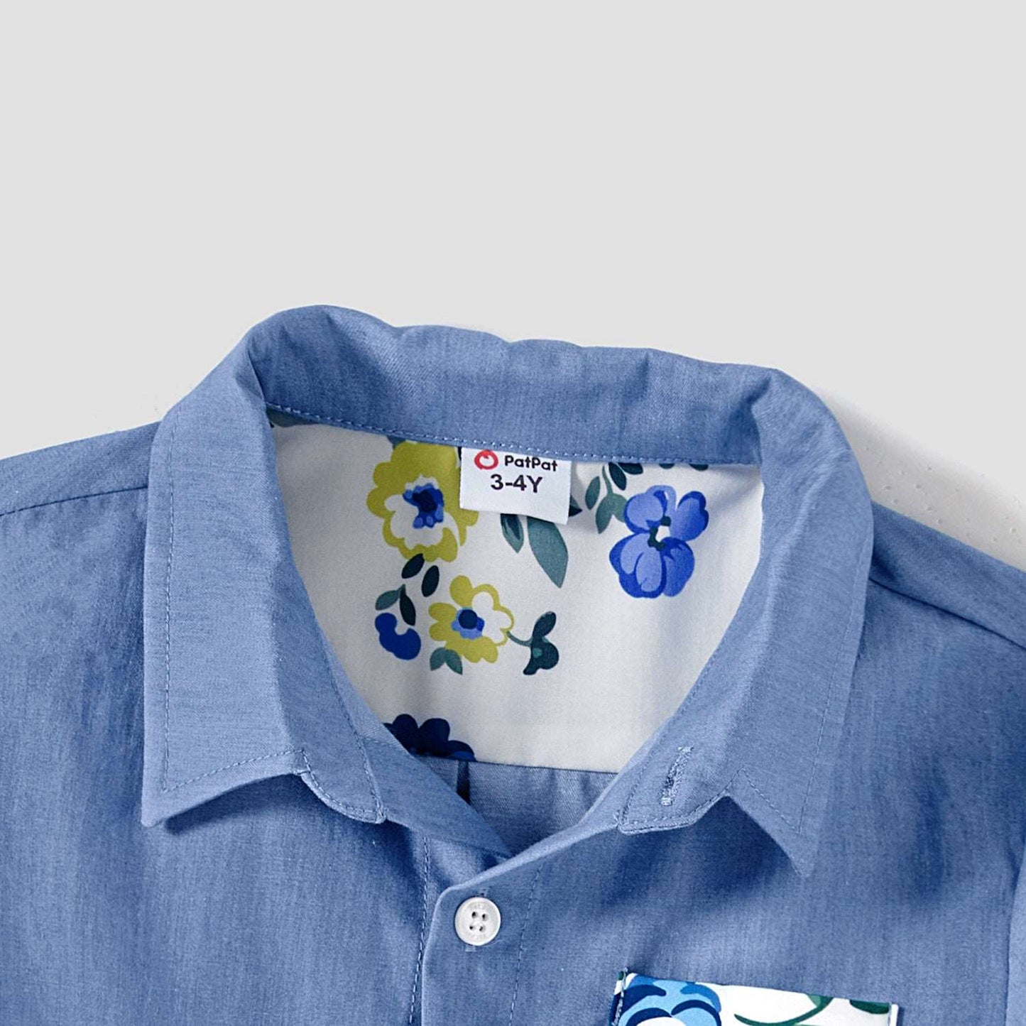 Family Matching 100% Cotton Blue Short-sleeve Shirts and Floral Print Ruffle Trim Spliced Cami Dresses Sets - 20584308