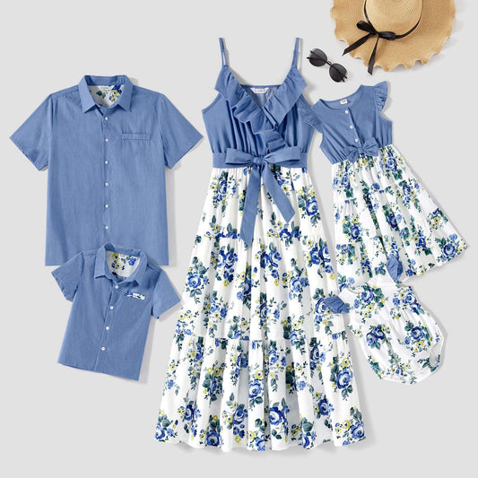Family Matching 100% Cotton Blue Short-sleeve Shirts and Floral Print Ruffle Trim Spliced Cami Dresses Sets - 20584308