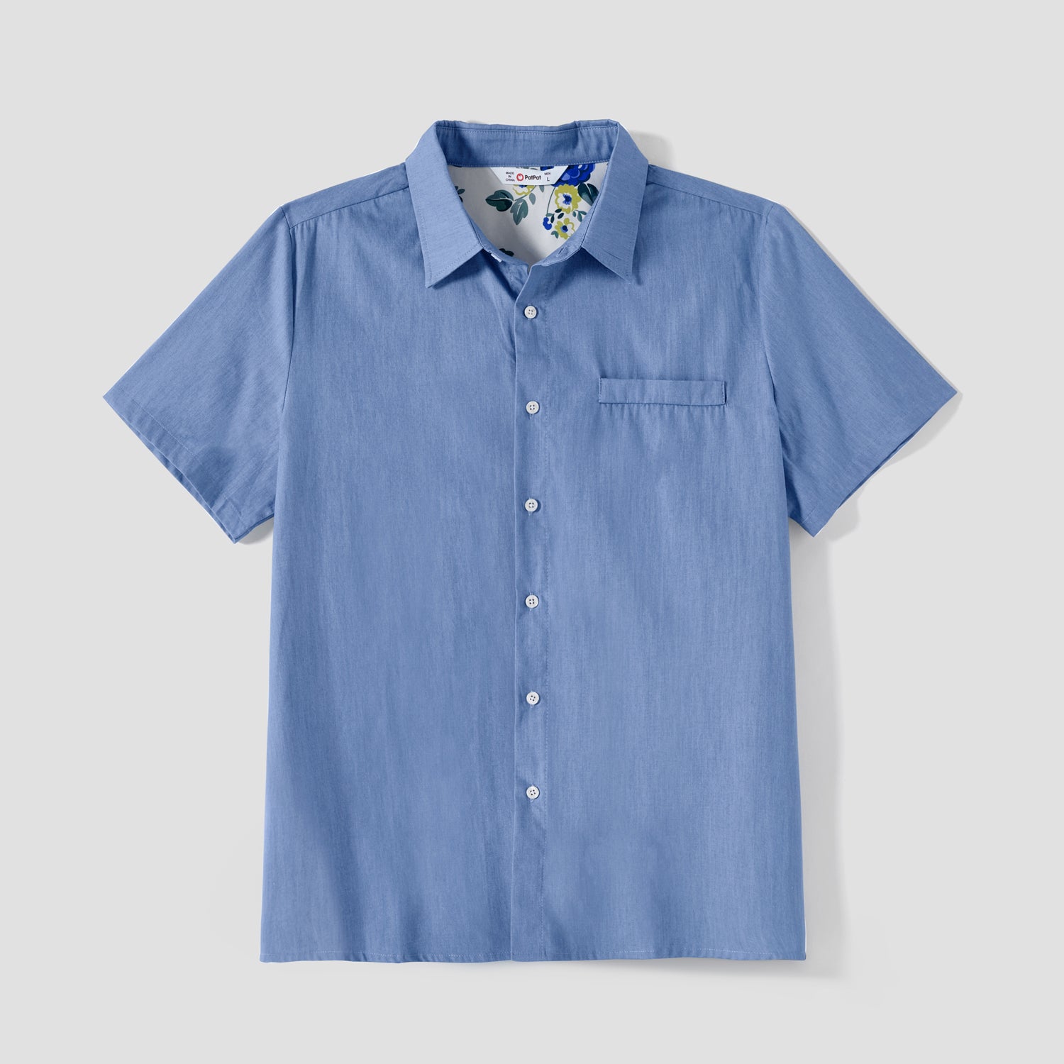 Family Matching 100% Cotton Blue Short-sleeve Shirts and Floral Print Ruffle Trim Spliced Cami Dresses Sets - 20584308