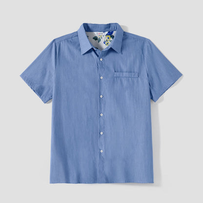 Family Matching 100% Cotton Blue Short-sleeve Shirts and Floral Print Ruffle Trim Spliced Cami Dresses Sets - 20584308