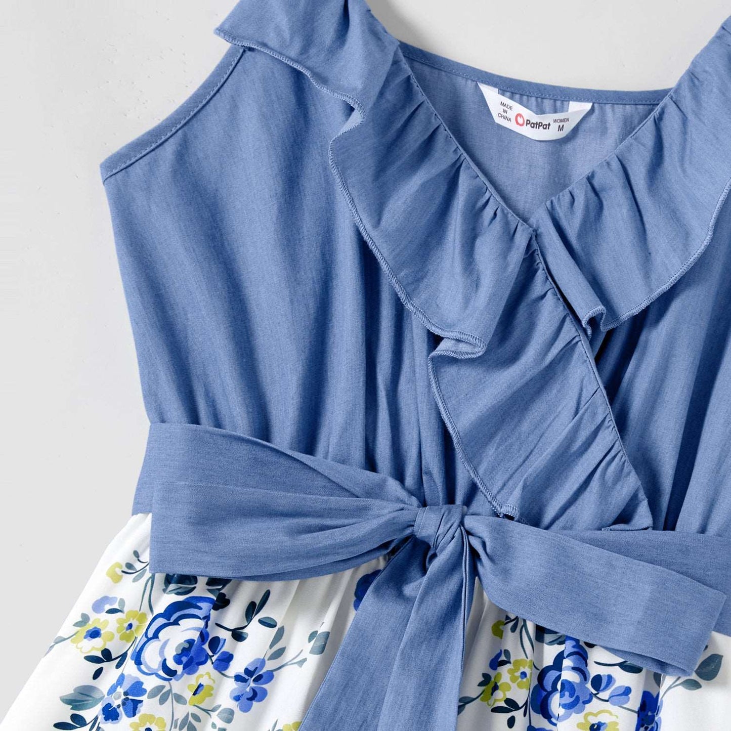 Family Matching 100% Cotton Blue Short-sleeve Shirts and Floral Print Ruffle Trim Spliced Cami Dresses Sets - 20584308
