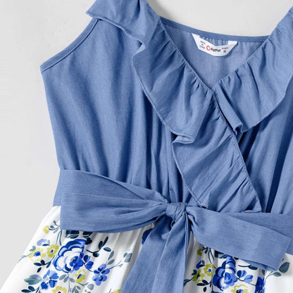 Family Matching 100% Cotton Blue Short-sleeve Shirts and Floral Print Ruffle Trim Spliced Cami Dresses Sets - 20584308