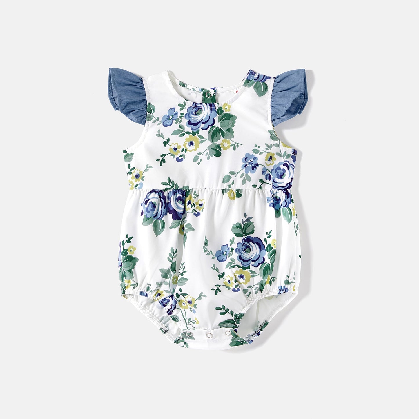 Family Matching 100% Cotton Blue Short-sleeve Shirts and Floral Print Ruffle Trim Spliced Cami Dresses Sets - 20584308