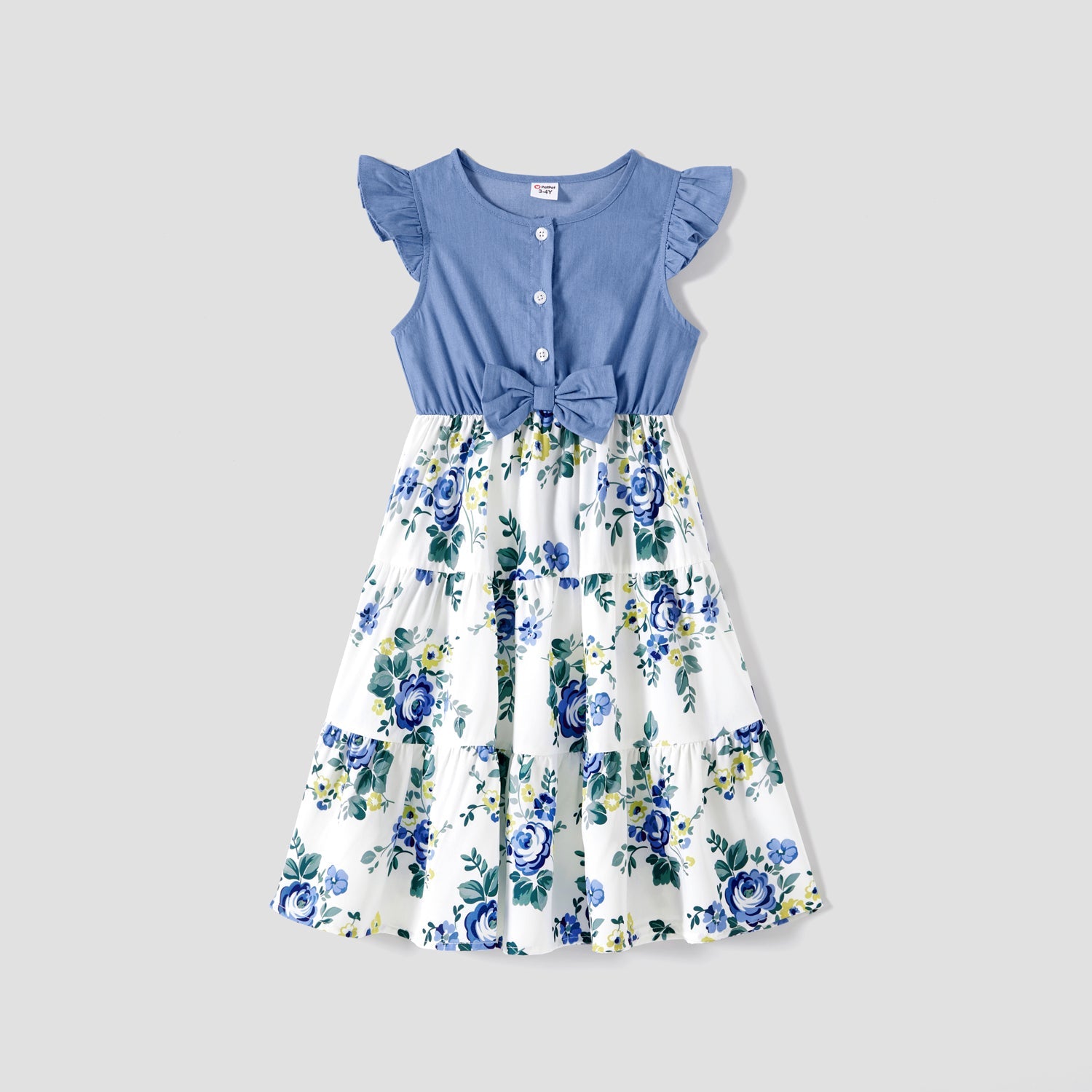 Family Matching 100% Cotton Blue Short-sleeve Shirts and Floral Print Ruffle Trim Spliced Cami Dresses Sets - 20584308