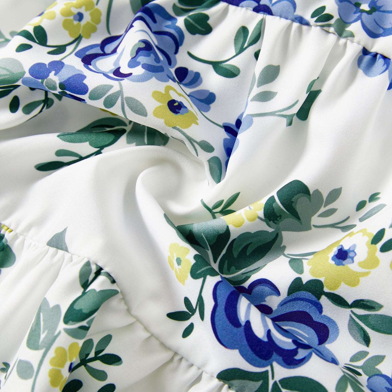 Family Matching 100% Cotton Blue Short-sleeve Shirts and Floral Print Ruffle Trim Spliced Cami Dresses Sets - 20584308