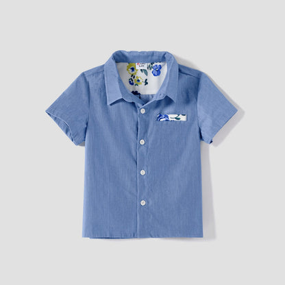 Family Matching 100% Cotton Blue Short-sleeve Shirts and Floral Print Ruffle Trim Spliced Cami Dresses Sets - 20584308