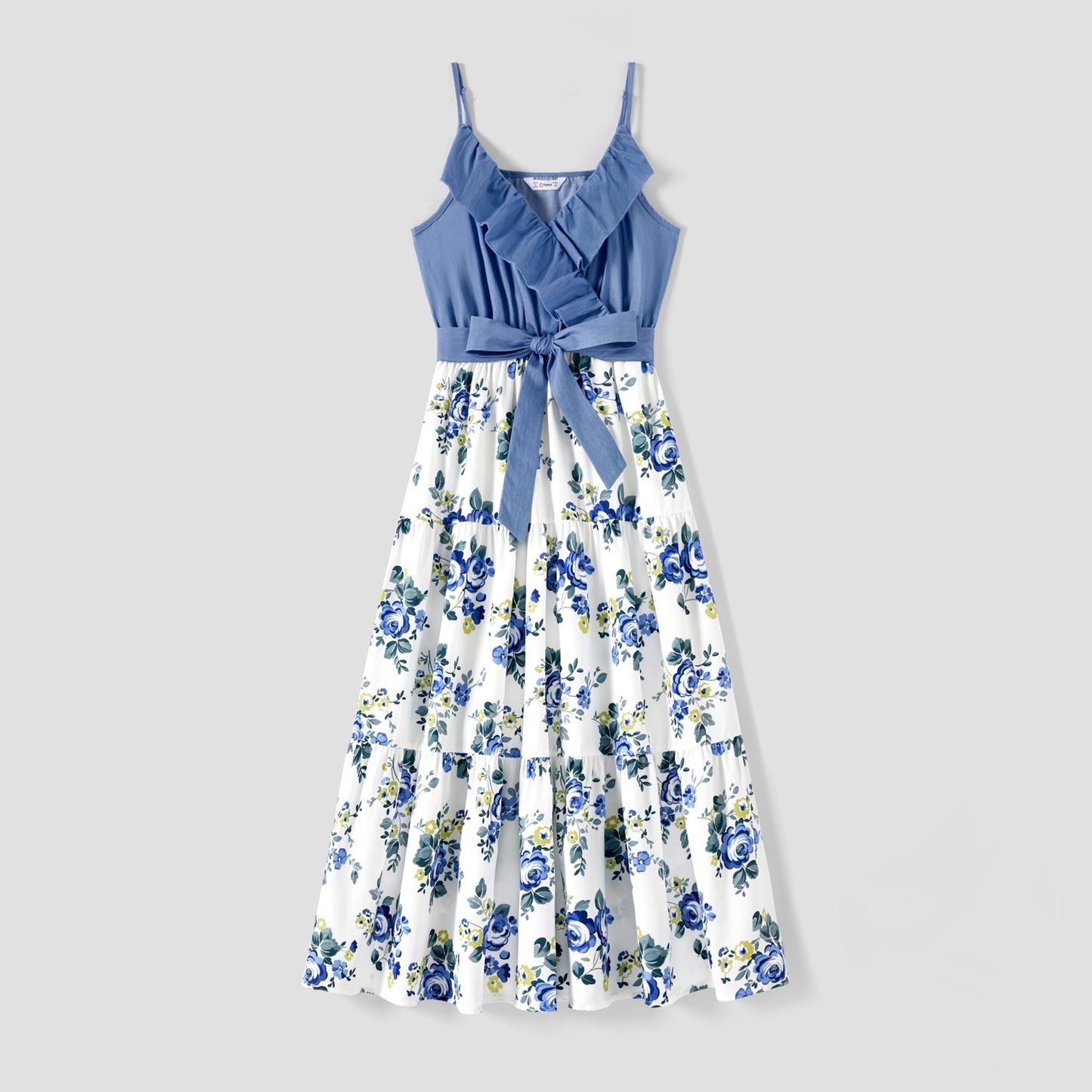 Family Matching 100% Cotton Blue Short-sleeve Shirts and Floral Print Ruffle Trim Spliced Cami Dresses Sets - 20584308