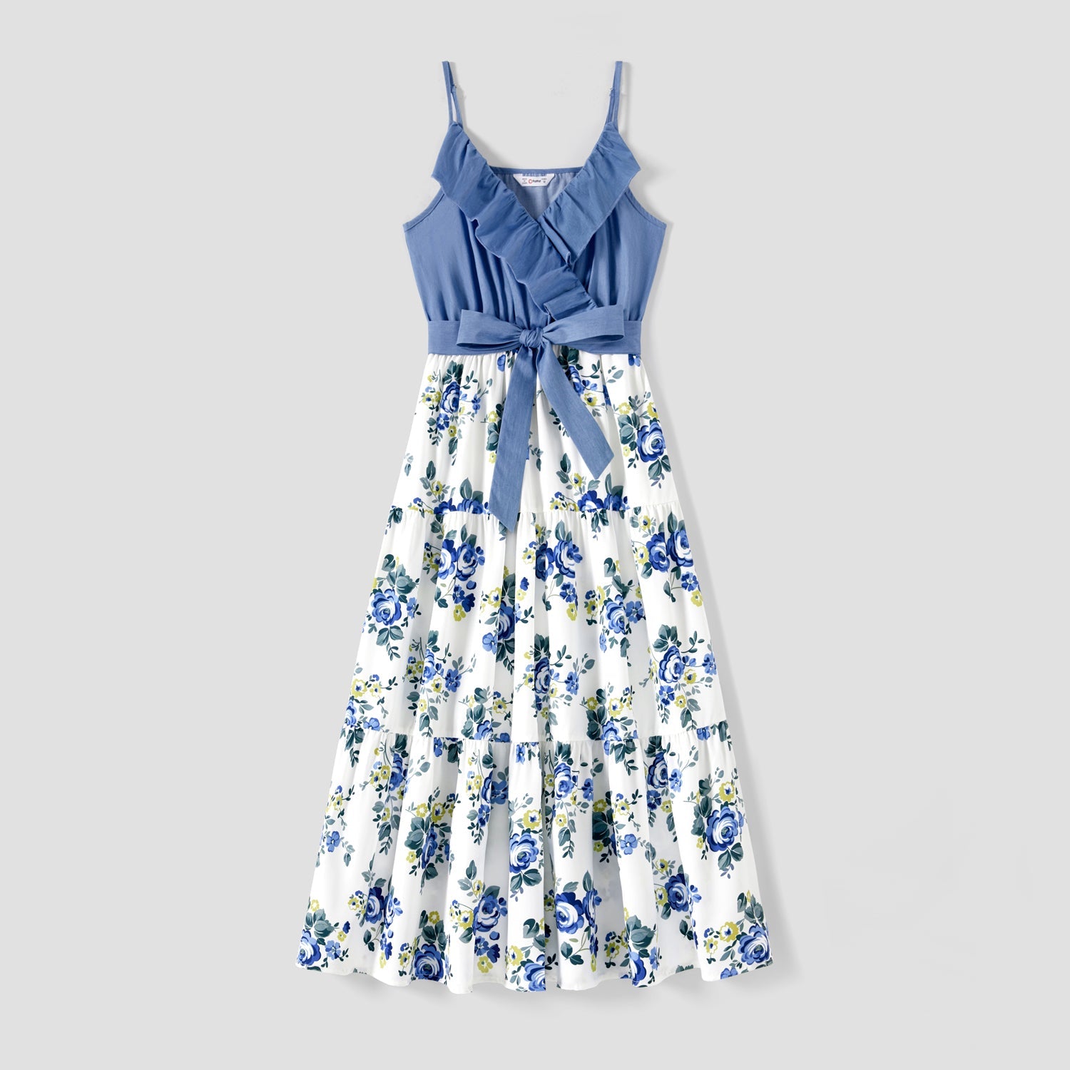 Family Matching 100% Cotton Blue Short-sleeve Shirts and Floral Print Ruffle Trim Spliced Cami Dresses Sets - 20584308