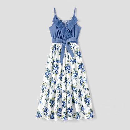 Family Matching 100% Cotton Blue Short-sleeve Shirts and Floral Print Ruffle Trim Spliced Cami Dresses Sets - 20584308