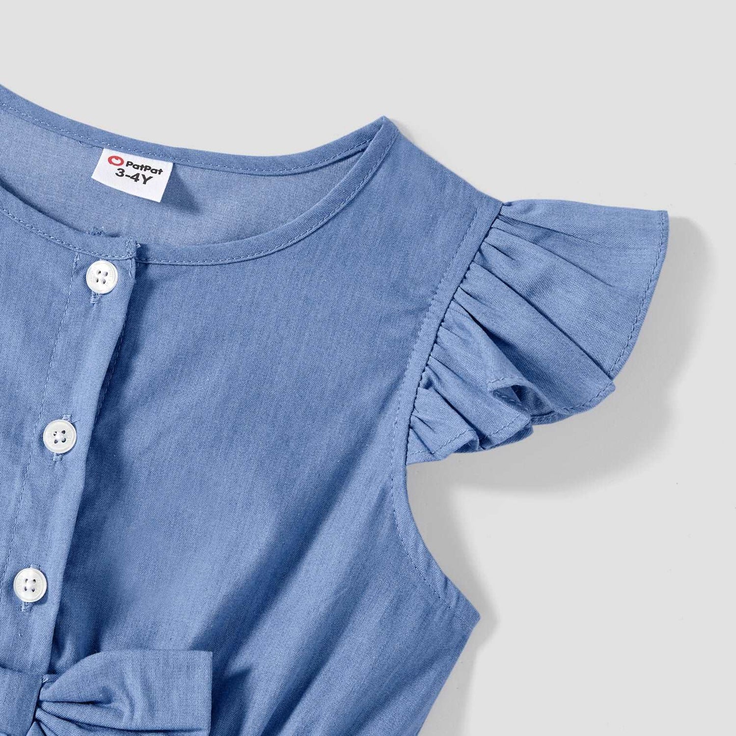 Family Matching 100% Cotton Blue Short-sleeve Shirts and Floral Print Ruffle Trim Spliced Cami Dresses Sets - 20584308