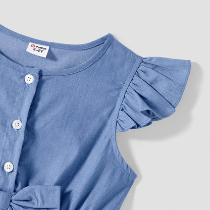 Family Matching 100% Cotton Blue Short-sleeve Shirts and Floral Print Ruffle Trim Spliced Cami Dresses Sets - 20584308