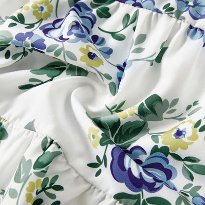 Family Matching 100% Cotton Blue Short-sleeve Shirts and Floral Print Ruffle Trim Spliced Cami Dresses Sets - 20584308