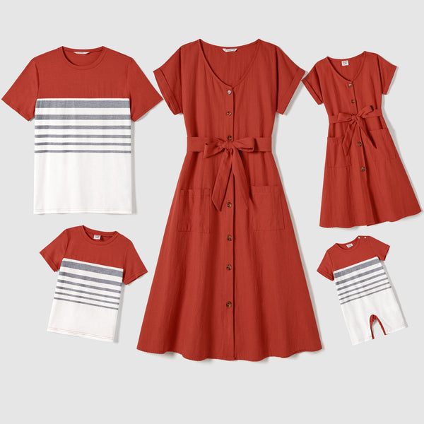 Family Matching 100% Cotton Button Up Short-sleeve Belted Dresses and Stripe Panel T-shirts Sets - 20681150