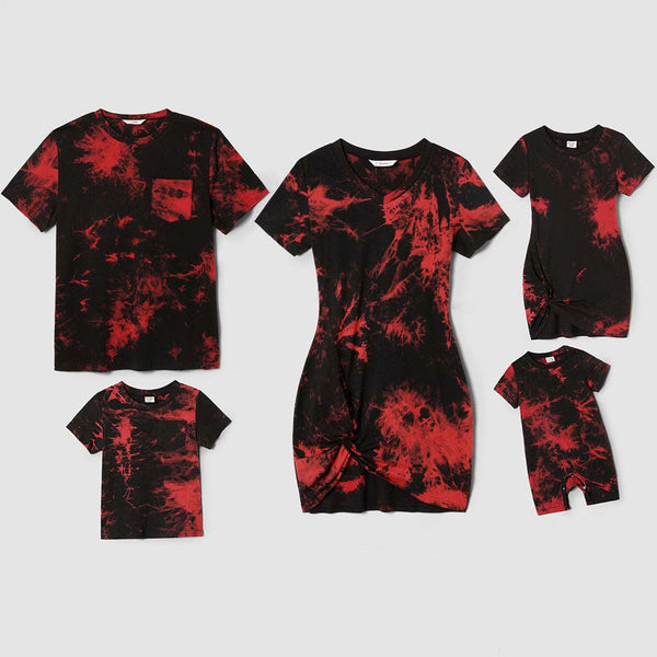 Family Matching 100% Cotton Short-sleeve Tie Dye Twist Knot Bodycon Dresses and T-shirts Sets - 20543339