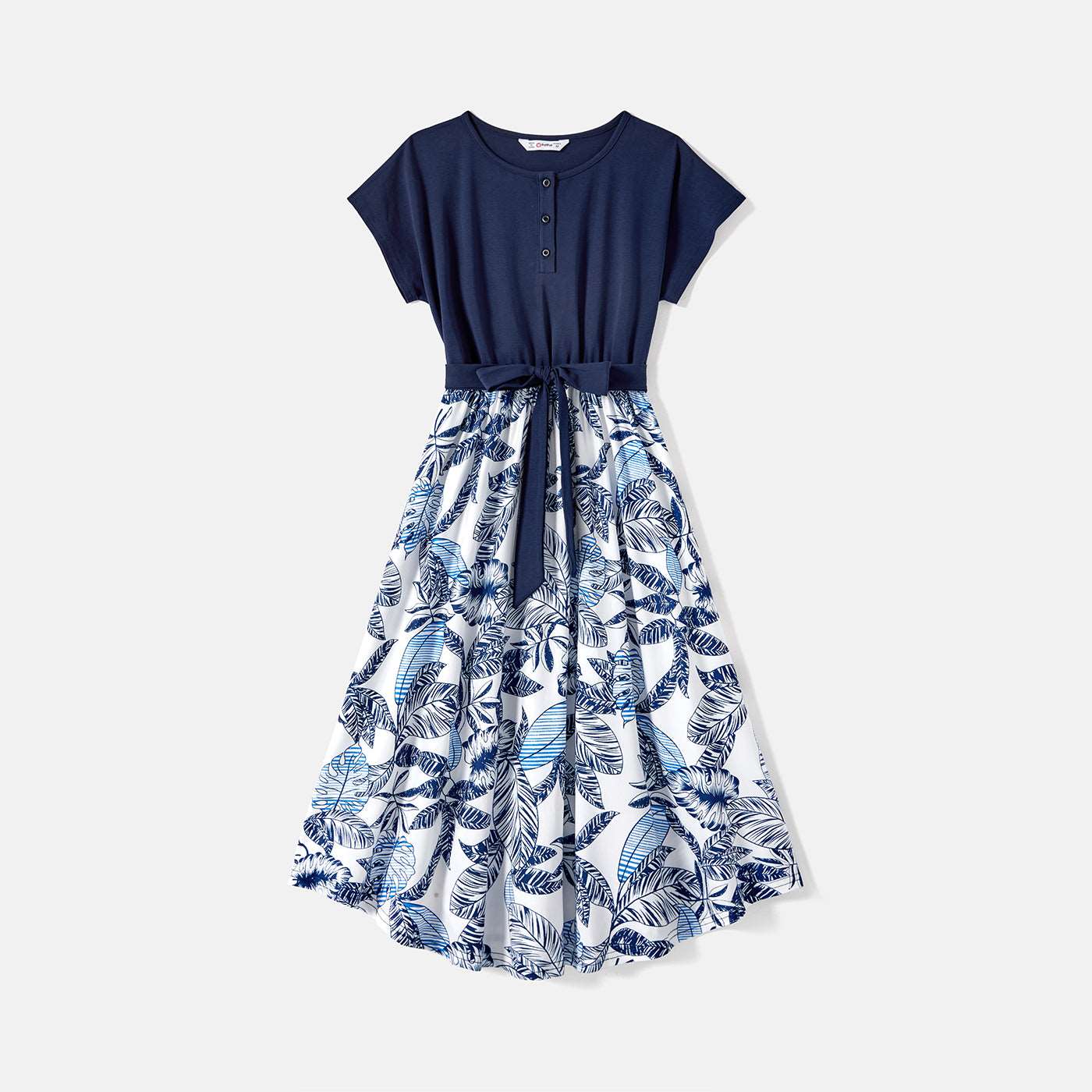 Family Matching 95% Cotton Allover Plant Print Short-sleeve Belted Spliced Dresses and T-shirts Sets - 20589512