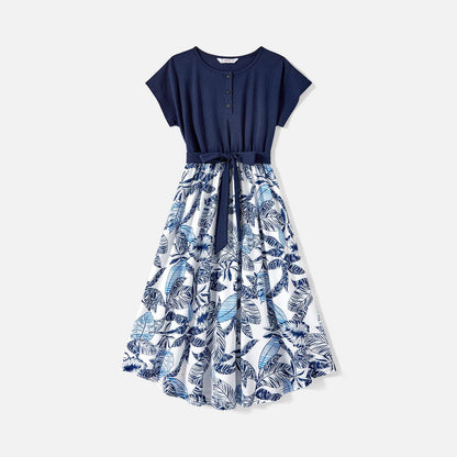 Family Matching 95% Cotton Allover Plant Print Short-sleeve Belted Spliced Dresses and T-shirts Sets - 20589512