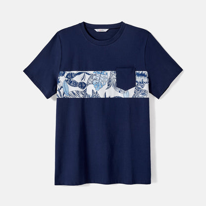 Family Matching 95% Cotton Allover Plant Print Short-sleeve Belted Spliced Dresses and T-shirts Sets - 20589512