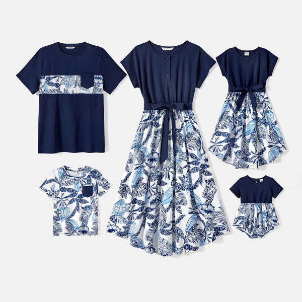 Family Matching 95% Cotton Allover Plant Print Short-sleeve Belted Spliced Dresses and T-shirts Sets - 20589512