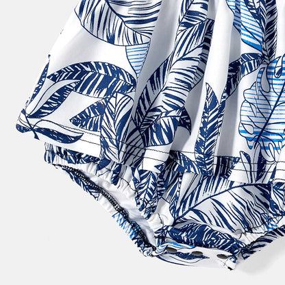 Family Matching 95% Cotton Allover Plant Print Short-sleeve Belted Spliced Dresses and T-shirts Sets - 20589512