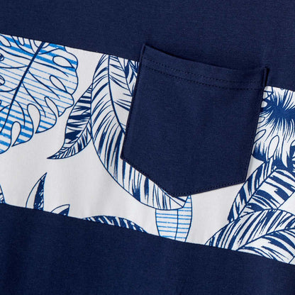 Family Matching 95% Cotton Allover Plant Print Short-sleeve Belted Spliced Dresses and T-shirts Sets - 20589512