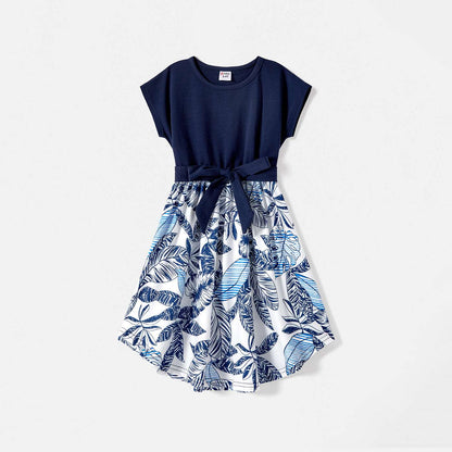 Family Matching 95% Cotton Allover Plant Print Short-sleeve Belted Spliced Dresses and T-shirts Sets - 20589512