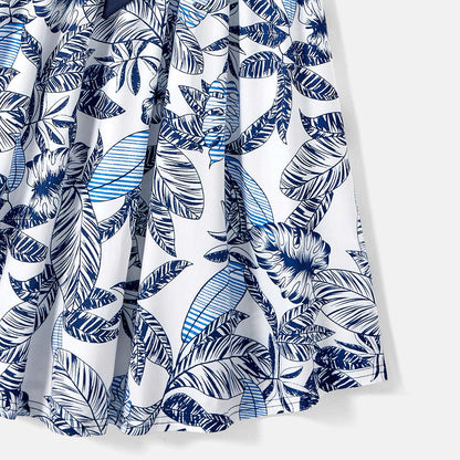 Family Matching 95% Cotton Allover Plant Print Short-sleeve Belted Spliced Dresses and T-shirts Sets - 20589512