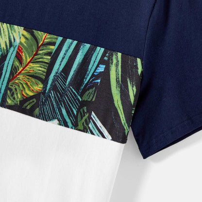 Family Matching 95% Cotton Allover Tropical Plant Print Halter Midi Dresses Short-sleeve Colorblock Tee Sets - 20597344