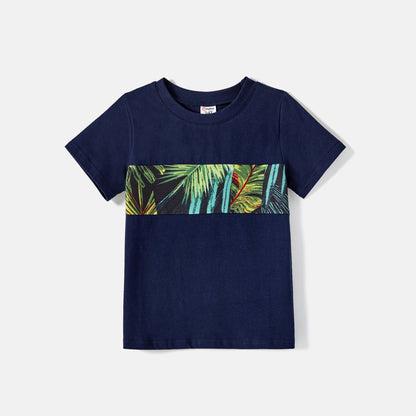 Family Matching 95% Cotton Allover Tropical Plant Print Halter Midi Dresses Short-sleeve Colorblock Tee Sets - 20597344