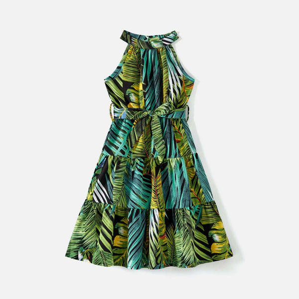 Family Matching 95% Cotton Allover Tropical Plant Print Halter Midi Dresses Short-sleeve Colorblock Tee Sets - 20597344