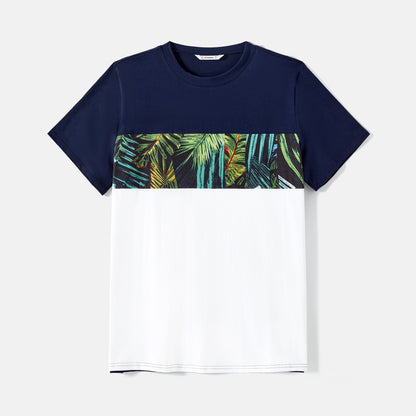 Family Matching 95% Cotton Allover Tropical Plant Print Halter Midi Dresses Short-sleeve Colorblock Tee Sets - 20597344