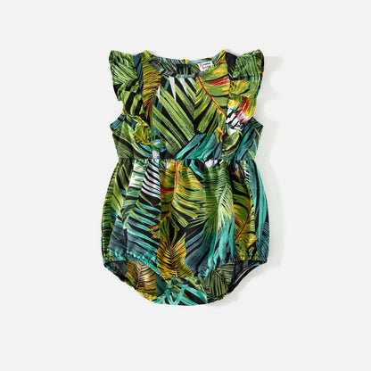 Family Matching 95% Cotton Allover Tropical Plant Print Halter Midi Dresses Short-sleeve Colorblock Tee Sets - 20597344