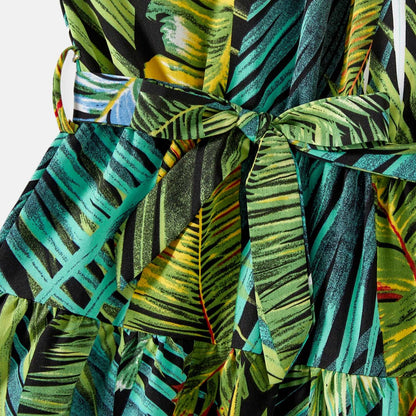 Family Matching 95% Cotton Allover Tropical Plant Print Halter Midi Dresses Short-sleeve Colorblock Tee Sets - 20597344