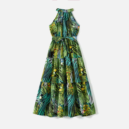 Family Matching 95% Cotton Allover Tropical Plant Print Halter Midi Dresses Short-sleeve Colorblock Tee Sets - 20597344