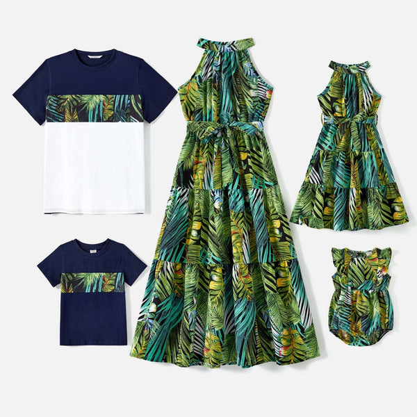 Family Matching 95% Cotton Allover Tropical Plant Print Halter Midi Dresses Short-sleeve Colorblock Tee Sets - 20597344