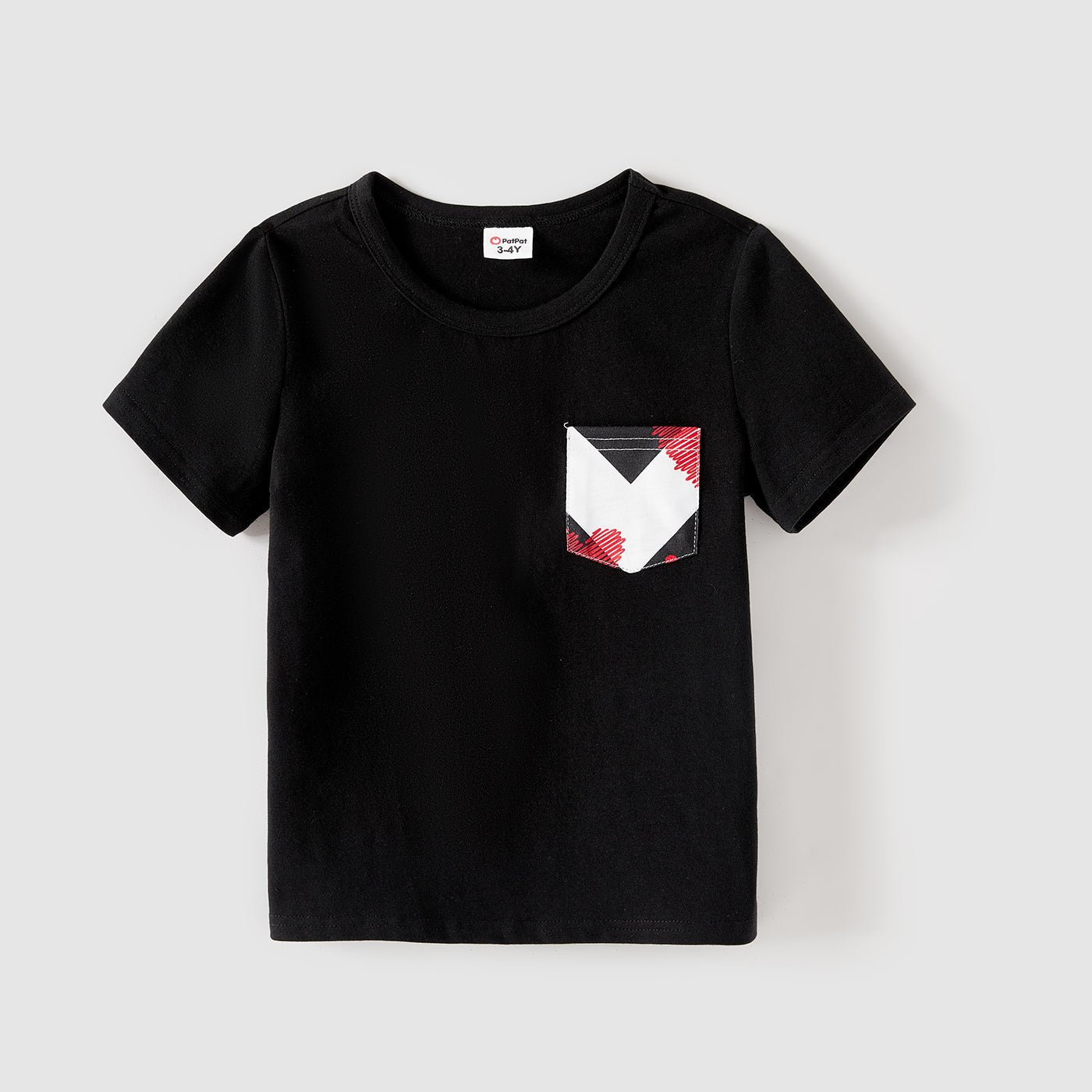 Family Matching 95% Cotton Black Short-sleeve T-shirts and Allover Heart Print Chevron Striped Asymmetric Hem Spliced Dresses Sets - 20540700