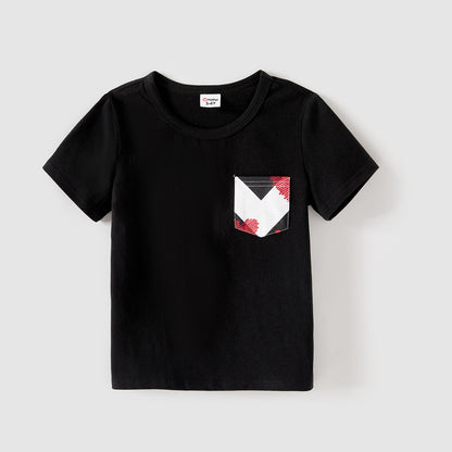 Family Matching 95% Cotton Black Short-sleeve T-shirts and Allover Heart Print Chevron Striped Asymmetric Hem Spliced Dresses Sets - 20540700